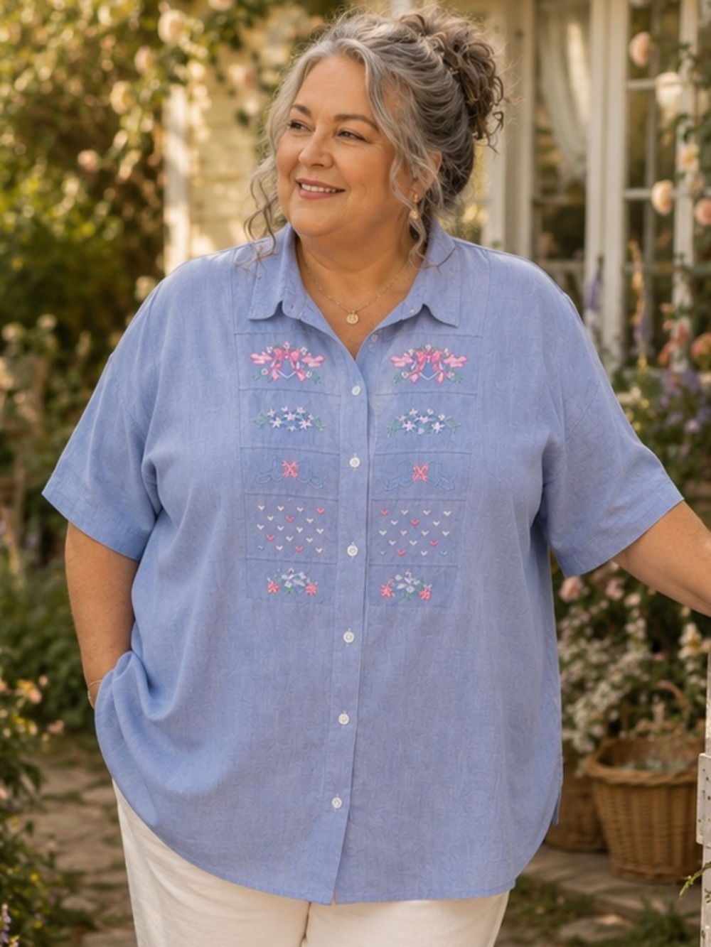 Vintage Seperate Issue Size 22W blue embroidered button down Cottagecore Plus